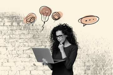Banner pop image sketch artwork collage of happy businessman businesswoman stand light bulb idea...