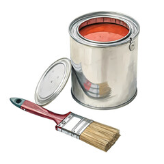 A Can of Vibrant Orange Paint and a Ready Brush isolated on transparent background