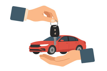 Fototapeta premium Car rental or sale concept. Car sharing service. Hand giving car keys to another hand. Selling, leasing, test drive or renting car service. Modern flat vector deal success.