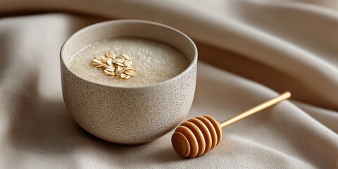 Fototapeta premium Creamy oatmeal in ceramic bowl with honey dipper on soft fabric background