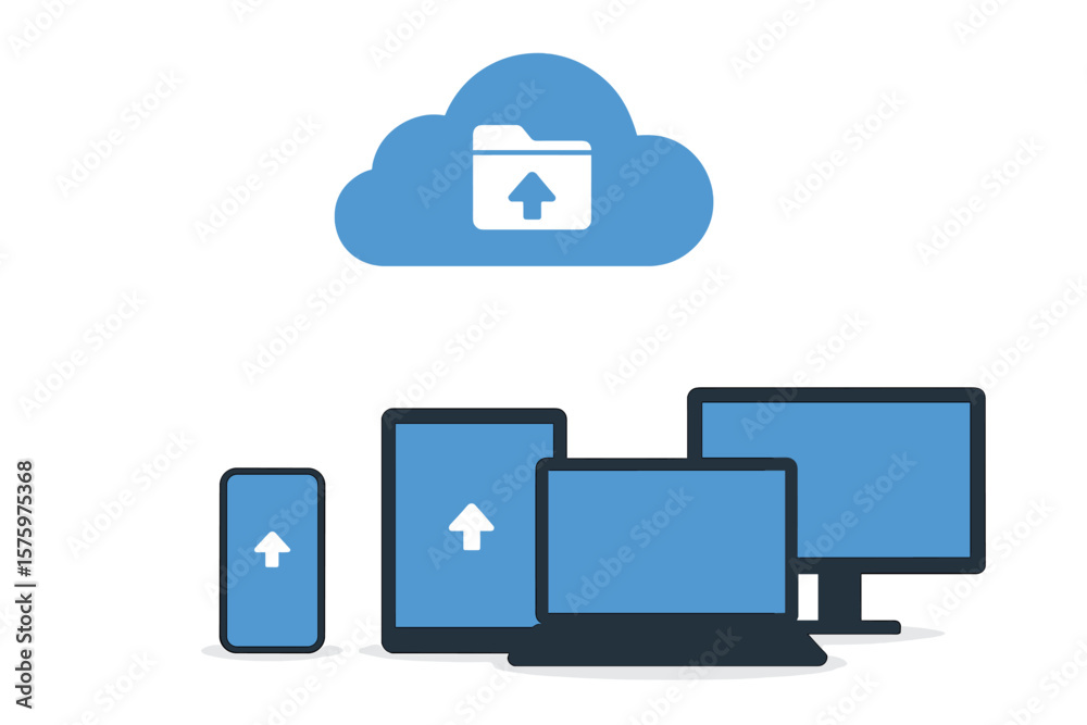 Poster cloud storage computing technology vector concept. data sharing, file synchronization between smartp