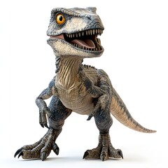 Cartoon velociraptor with tan and blue-gray skin, dark stripes, and bright yellow eyes. Fierce yet humorous dinosaur character standing. Mythical creature isolated on a white background.