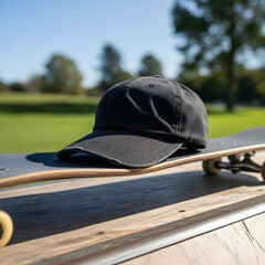 Baseball Hat and Skateboard Combo in Urban Nature Scene
