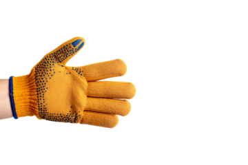 Yellow work glove on a white background. Non-slip for construction, gardening, mechanics, and industrial use. Occupational safety, manual protection, industry, DIY, and maintenance concepts.