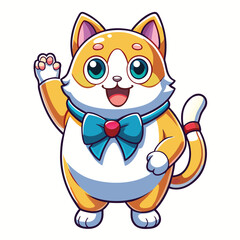 Cartoon cat character waving, wearing bow tie