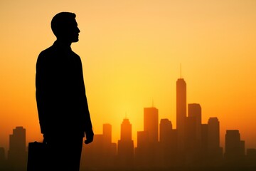 Silhouette of man with briefcase against a cityscape at golden hour