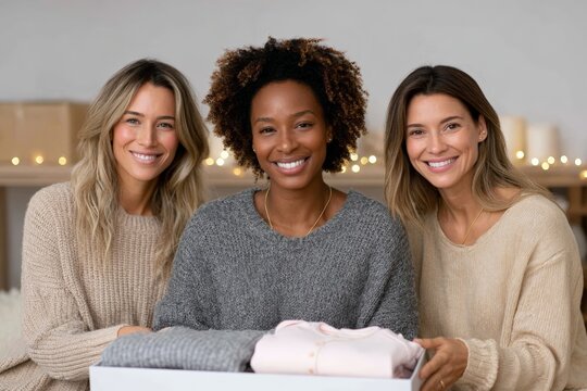 Happy female friends with gift box in cozy living room environment - Powered by Adobe