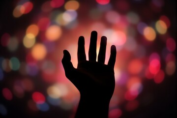 Silhouette of a hand reaching towards a vibrant, colorful bokeh background.  Perfect for concepts of hope, celebration, or reaching for dreams.