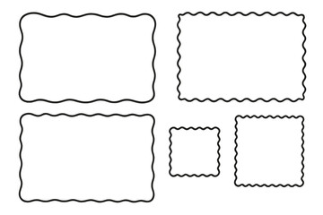Set of hand-drawn wavy and scalloped border frames. Simple minimalist doodle outline for labels, stamps, or greeting card decoration. Vector graphic design elements.