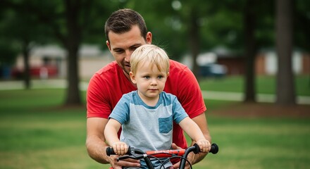 A father and son enjoy quality time together as the boy learns to ride a bike.