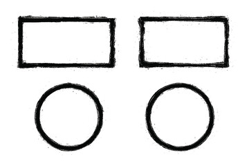 Grunge border frame set. Distressed texture ink brush stroke. Black rectangle and circle shapes. Dirty rustic rough edge design element. Spray paint splash effect vector.