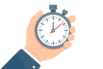Hand holds stopwatch. Time management concept with timer for countdown and deadline. Punctuality and urgency in business competition. Time limit, speed and strategy vector.