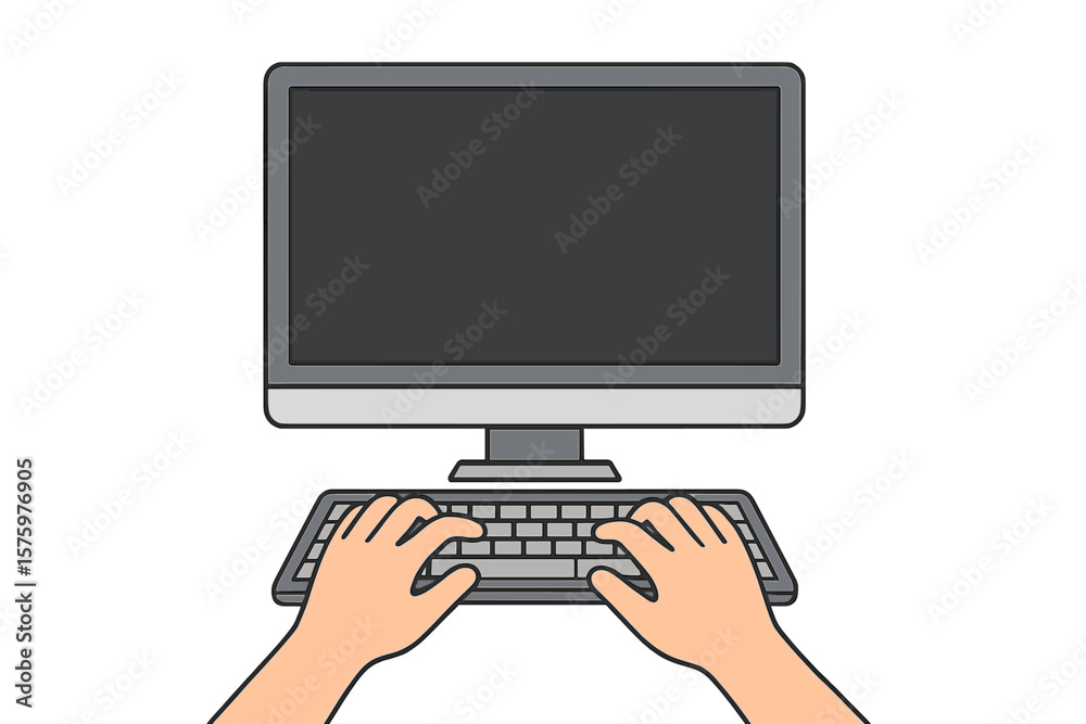Poster hands typing on computer keyboard in front of a blank monitor screen mockup. concept for remote work