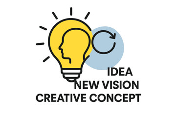 Idea, new vision, creative concept. Lightbulb with head silhouette. Innovation, brainstorming, and thinking process. Strategy refresh. Modern icon for creativity and solution.