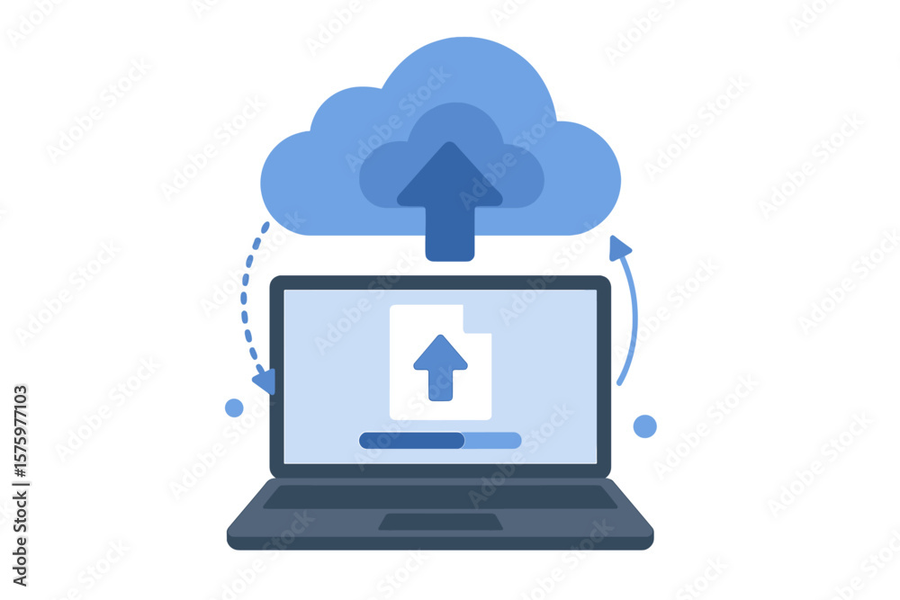 Poster cloud computing technology. laptop uploading file to cloud data storage. information exchange. onlin