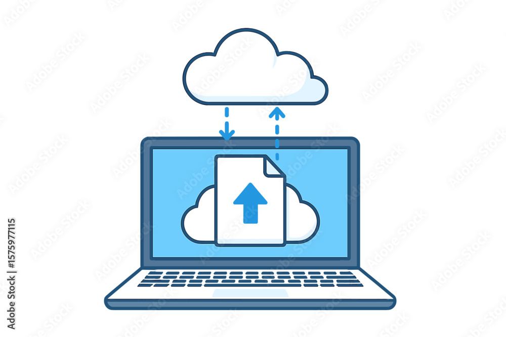 Poster cloud computing technology concept. laptop with cloud storage. uploading, downloading files to serve