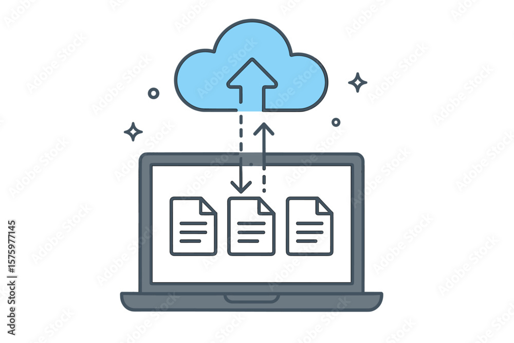 Poster cloud computing technology vector. laptop syncs files with online server storage. data transfer, upl
