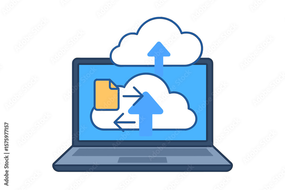 Poster laptop with cloud storage. information exchange and data transfer. uploading and downloading files t