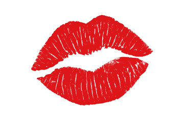Red lipstick kiss mark vector illustration. Sexy lip print stamp isolated on white. Symbol of love, passion, romance for Valentine's Day. Beauty and makeup cosmetic concept.