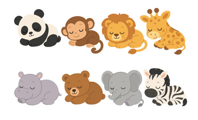 Naklejka premium Adorable cartoon baby animals sleeping: panda, monkey, lion, giraffe, hippo, bear, elephant, zebra