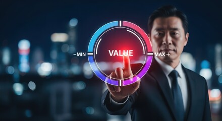 Businessman increasing digital value indicator with futuristic technology interface in city background.