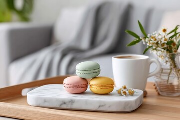 Colorful macarons on marble tray with coffee and flowers in cozy setting