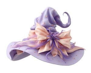 A whimsical witch hat adorned with stars and a delicate bow isolated on a white background