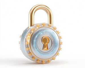 A detailed view of a gold and white padlock with a keyhole on a white background in studio shot