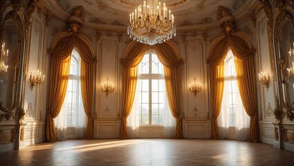 Fototapeta premium Ornate Grand Ballroom with Gilded Details, Luxurious Interior Design with Golden Accents and Sunlight Streaming Through the Windows