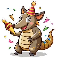 Cartoon armadillo wearing a party hat and holding a party popper