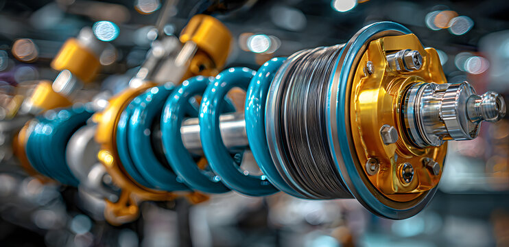 Car suspensions. Close up of a car suspension parts system such as CV joint Rubber boot and Control arms bushing Steering rack axles Shock absorber suspension Brake. Repair and spare parts for cars.