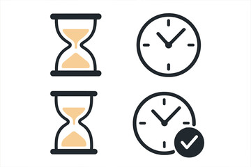 Set of time icons with hourglass and clock. Concept of time management, deadline, countdown, punctuality, and productivity. Sandglass, timer, and watch flat vector illustration.