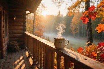 Warm morning coffee on log cabin porch overlooking misty autumn forest at sunrise.
