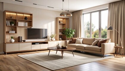 Bright Living Room Interior with Modern Furniture and Natural Light Streaming Through Large Windows