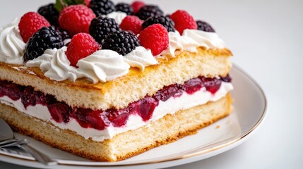 Delicious Slice of Cake Topped with Fresh Berries and Creamy Whipped Cream