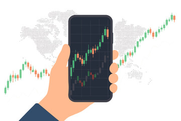 Stock online trading with smartphone. Mobile phone in hand with business graph. Stock market candlestick chart on screen. Global financial investment and economy concept.