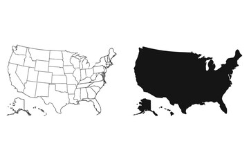 USA map vector set. United States of America political map with state boundaries and solid black silhouette. US country border outline for geography and cartography design.