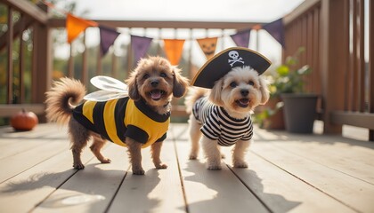 Adorable Dogs in Costumes Enjoying Halloween Celebration on Outdoor Deck with Decorations