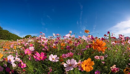 Obraz premium blossom embrace a vibrant flower field against a clear blue sky capturing the vitality of nature