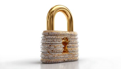 A golden padlock with binary code design on a white surface security and protection concept