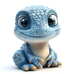 A charming blue baby dragon with big, innocent eyes and a gentle smile, sitting cutely. Perfect for children's content and fantasy themes. Baby dinosaur isolated on a white background.
