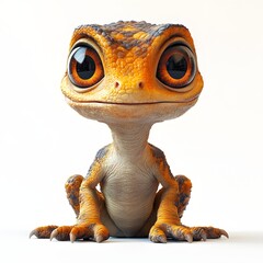 A charming cartoon gecko with captivating orange eyes and textured skin sits upright against a plain white background. Baby dinosaur isolated on a white background.