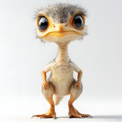 Adorable ostrich chick with big, expressive eyes and fluffy feathers. A charming illustration perfect for children's content and wildlife themes. Baby dinosaur isolated on a white background