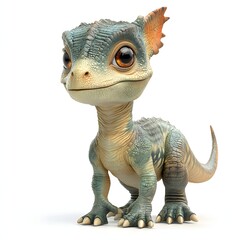 Adorable blue and tan dinosaur with big, expressive eyes, isolated on white. Scaled skin, orange fin. Perfect for children's content! Baby dinosaur isolated on a white background