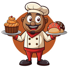 Chef character holding trays of treats