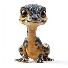 Adorable baby dinosaur with big, glossy eyes and a charming smile, sitting innocently. Its unique scales and spots add to its charm. Baby dinosaur isolated on a white background.