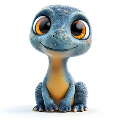 A friendly, blue, spotted lizard-like cartoon character sits cheerfully. Perfect for children's books or educational content. Baby dinosaur isolated on a white background.