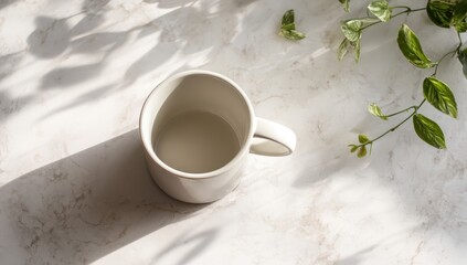 Simple mug on a marble surface, bathed in sunlight, with green leaves nearby