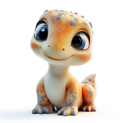 Adorable cartoon gecko with big blue eyes and a friendly smile, sitting upright. Orange and beige skin with gray spots against a clean white background. Baby dinosaur isolated on a white background.