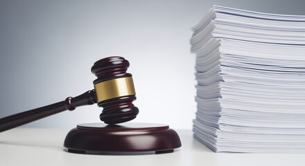 Wooden gavel legal files stack. Symbol of justice, law, legal system, courtroom, court hearing, trial, verdict, penalty. Representing concepts of jurisprudence, decision making, legal proceedings